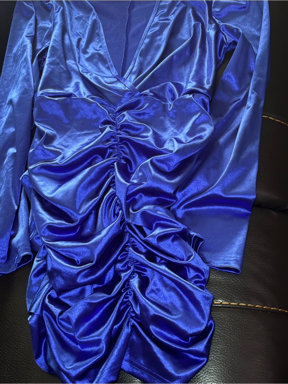 SHEIN Royal Blue Satin Ruched Long-Sleeve Bodycon Dress